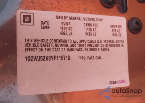 2000 Pontiac Grand Prix Se z USA, uszkodzony, nr VIN 1G2WJ52K8YF115719